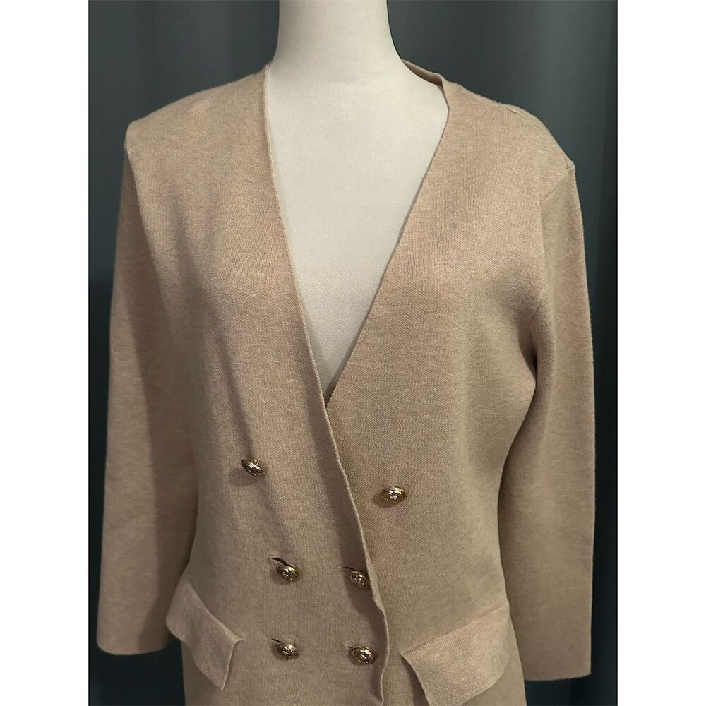 80 Park Women's Double-Breasted Sweater Blazer Tan Cardigan Size L - Picture 3 of 8
